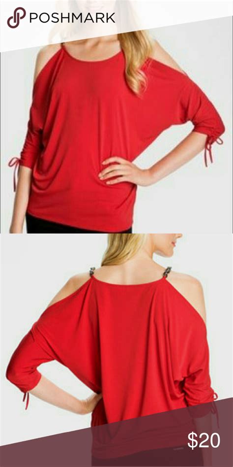 red michael kors long naked shoulder shirt|Micheal Kors scroll neck long sleeve naked shoulder top .